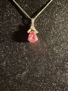 Pink Teardrop Pendant Necklace - silver tone